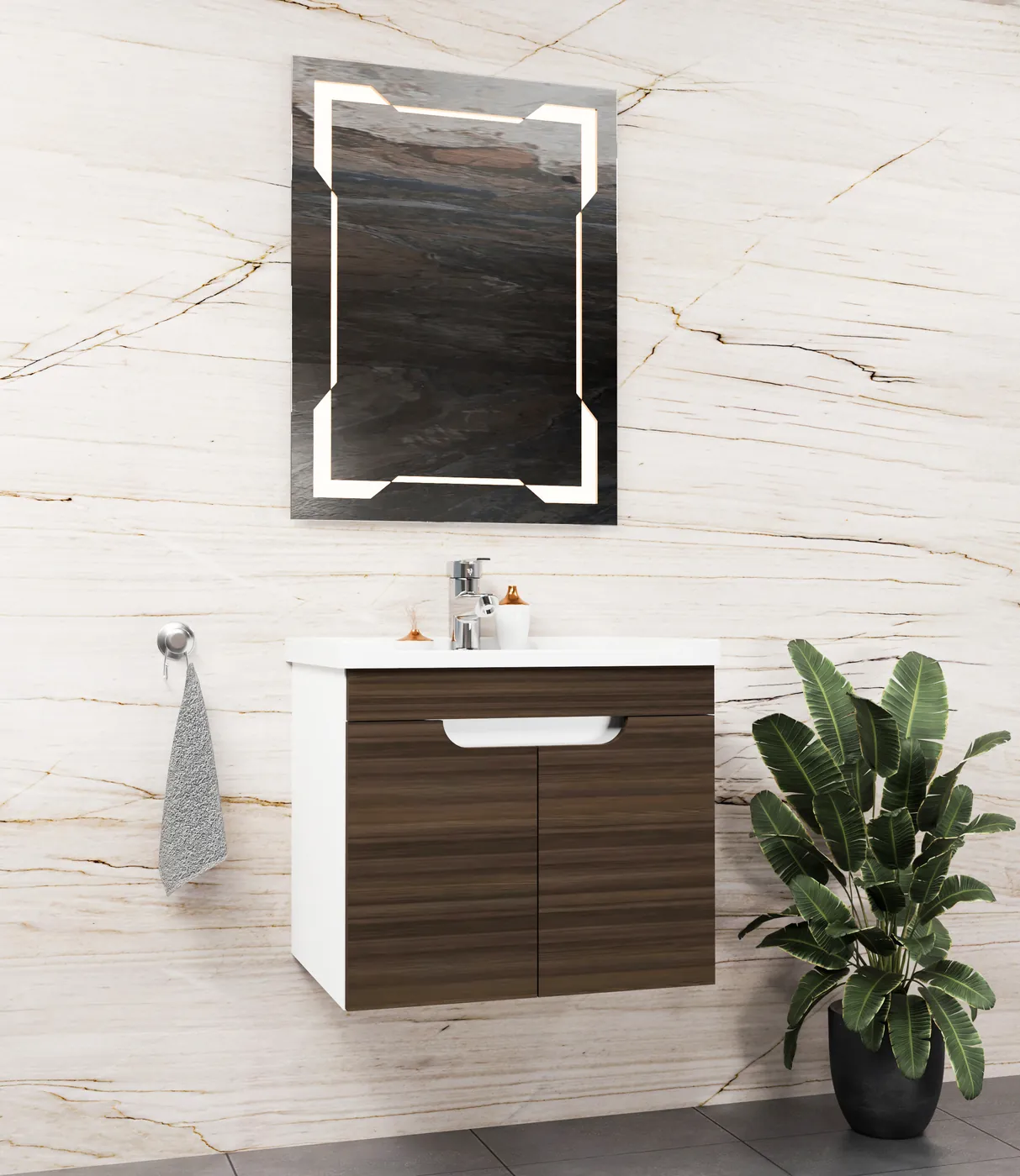 Meuble salle de bain Avanos Blanc / Noyer 60x46 cm / 80x46 cm